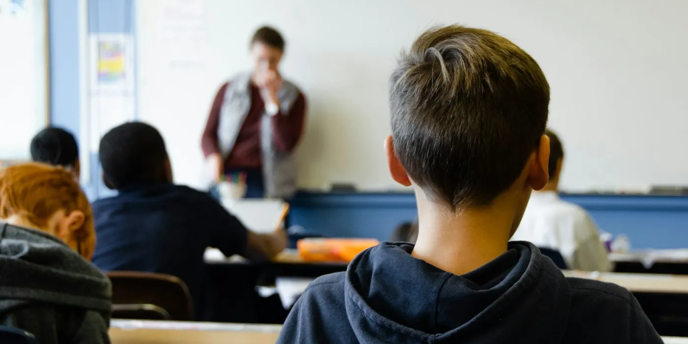 A student seen from behind, sitting in a classroom during a lesson