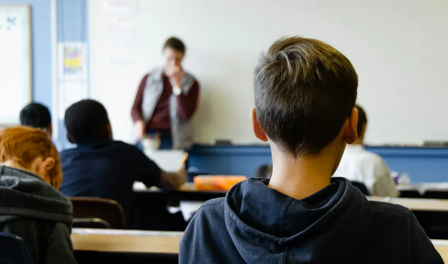 A student seen from behind, sitting in a classroom during a lesson